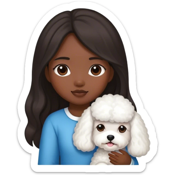 Asian girl with dark skin and long hair and a bichon sticker