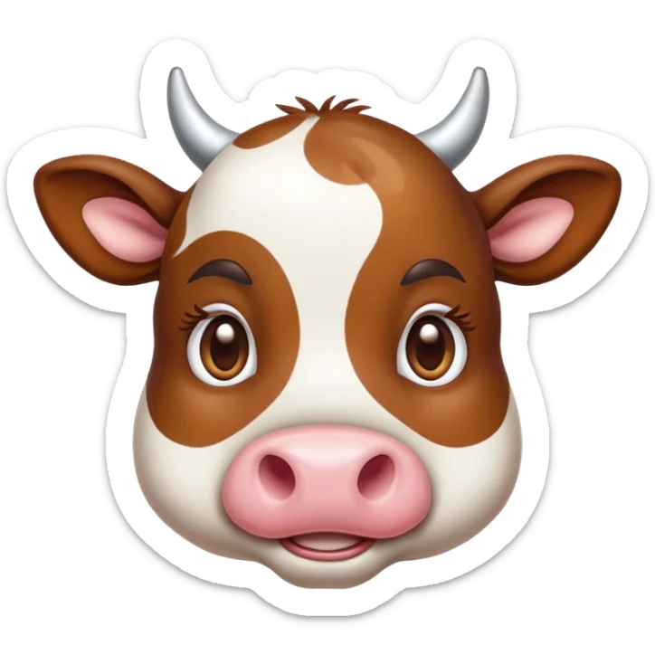 Cinematic Cute Brown and White Cow Portrait Emoji, Head tilted playfully and inquisitively, featuring a glossy, richly patterned hide of brown with striking white patches, round, sparkling brown eyes filled with gentle curiosity, Simplified yet irresistibly adorable features, highly detailed, glowing with a warm, friendly glow, high shine, affectionate and serene, stylized with a touch of country charm, bright and endearing, soft glowing outline, capturing the essence of a mischievous yet loving cow, so playful it feels like it could moo out of the screen and into your arms! sticker