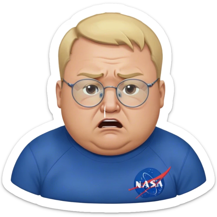 angry fat man, crying like a kid,  blond short and hight receding hairline, wearing a dark blue sweatshirt, nasa logo on the sweatshirt, round glasses without frame, 40 years old sticker