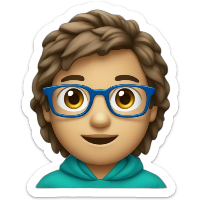 niño 11 años alto delgado con gafas rectangulares azules nariz pequeña sudadera azul, ojos verdes, pelo castaño un poco largo sticker