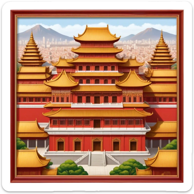 Cinematic Realistic Forbidden City Landmark Emoji, depicting grand imperial architecture with golden rooftops, vast courtyards, and intricate wooden carvings, all surrounded by towering red walls. sticker