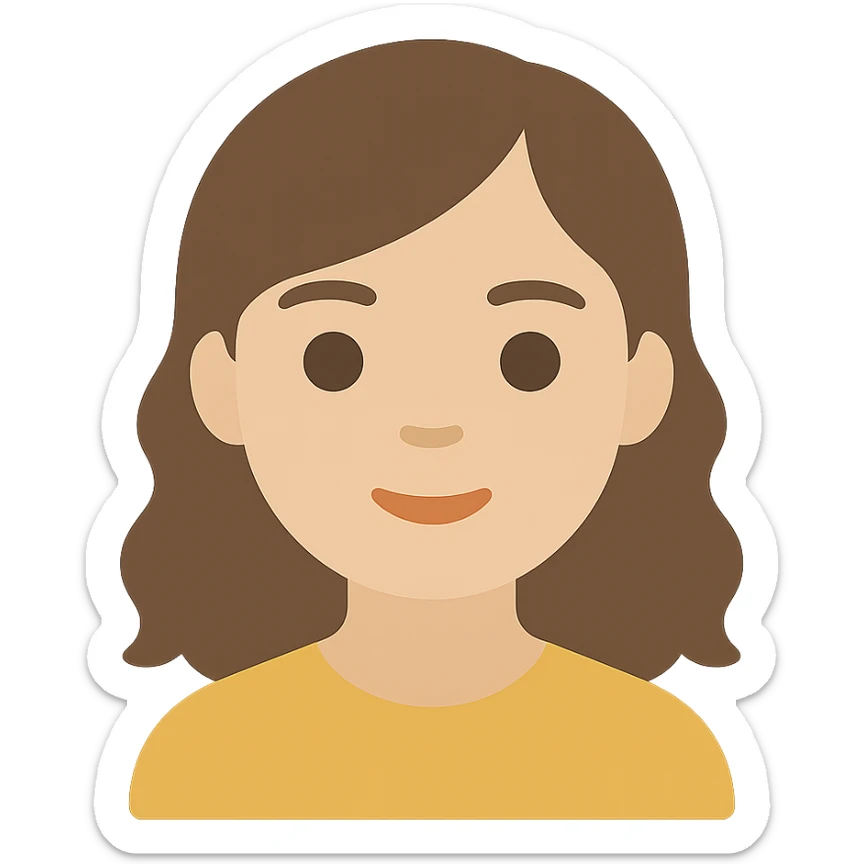 portrait of an Asian girl with medium brown wavy hair and brown eyes, paler skin tone, color icon style sticker