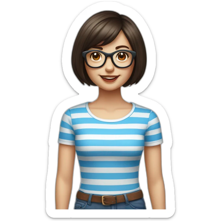 caucasian woman with retro glasses, dark brown hair, a bob haircut, bangs, braces on teeth, blue and white striped t shirt sticker