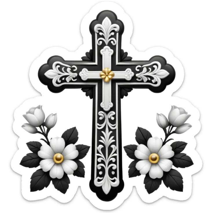 a black and white detailed cross with black and white flowers over the top sticker