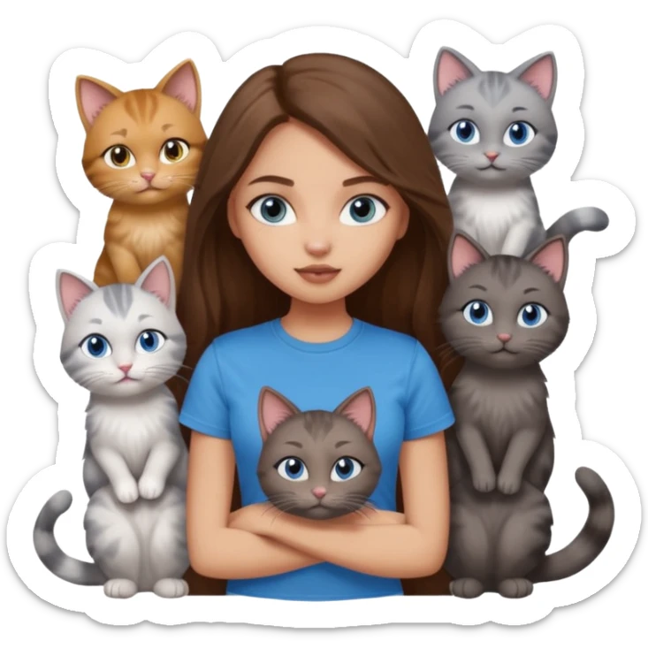 a pretty bratz dusky light skin girl with long brown hair, blue eyes with six cats nd wearing a grey tshirt sticker