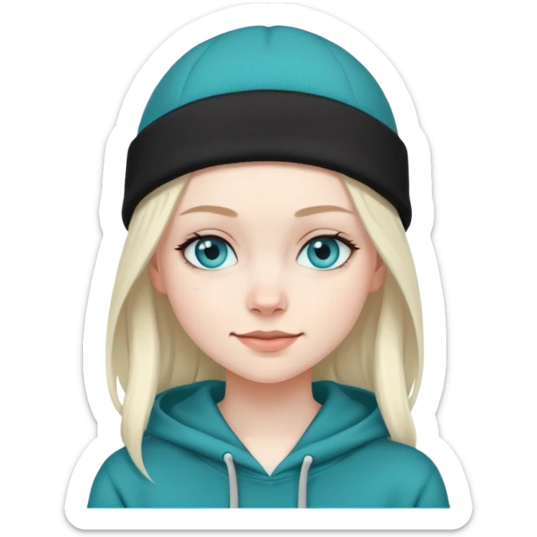 girl with a black beanie on and a teal hoodie. she has blue eyes, no hair and is smirking sticker