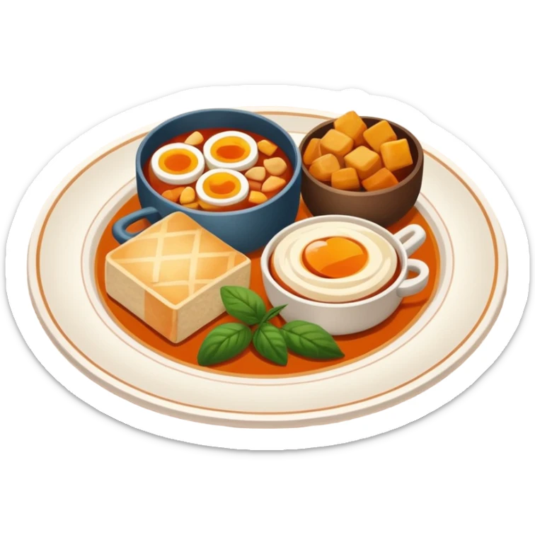 Homemade dishes on a plate, warm cozy colors, simple shapes, flat design, high contrast, friendly and inviting. sticker