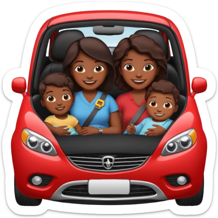 Dark Skin mom with two children, one young boy and a baby girl in a car red sticker