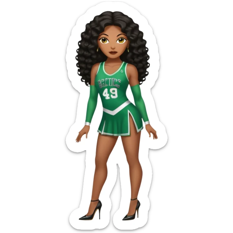 A 45-year-old black woman with brown eyes, long body wave black brown baylaige hair dressed in sexy 
celtics jersey costume outfit and stilettos  sticker