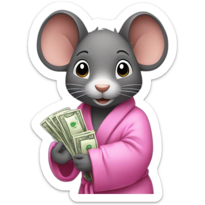 a rat female with a pink bathrobe and black hairs, holding a bunch of money sticker