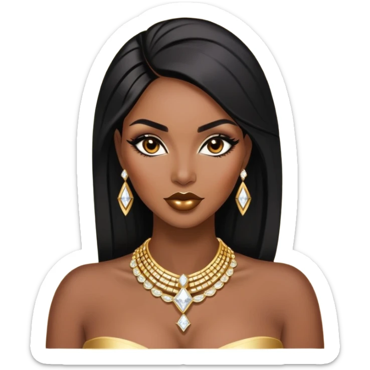 exotic African American woman with dark brown skin, straight black hair, glamorous makeup, gold jewelry, diamonds, curvy and confident, stylish and sexy sticker