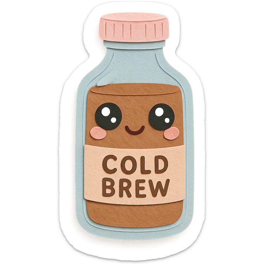 kawaii glass cold brew bottle, full body, big sparkling eyes, soft pastel colors sticker