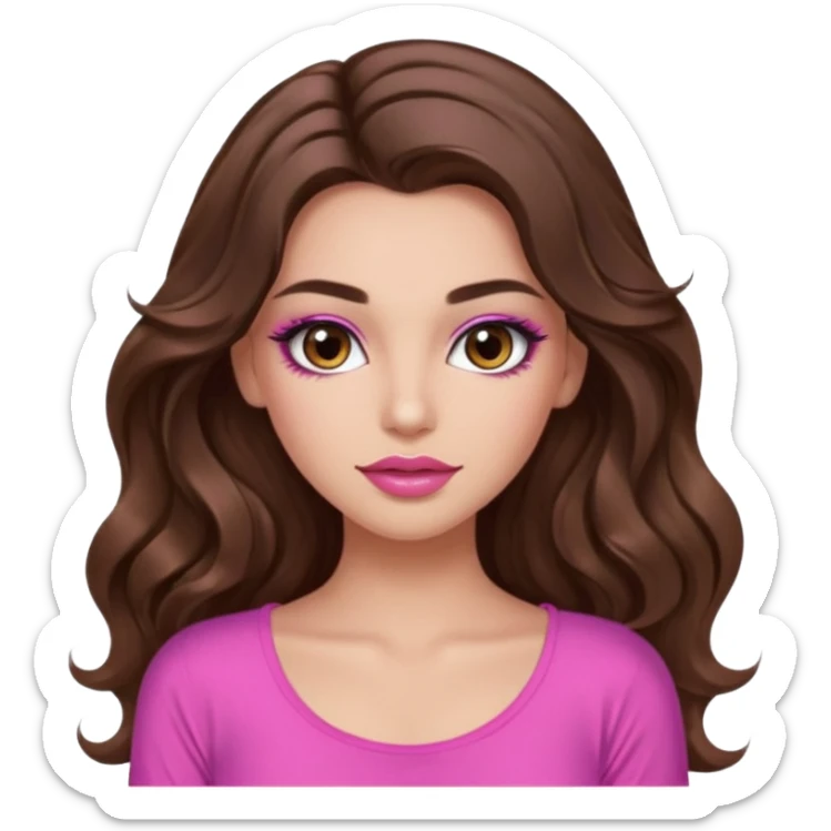 girl with long wavy brown hair, brown eyes, long lashes makeup, sexy pink lips, light to medium complexion, wearing a pink sexy top, no sticker