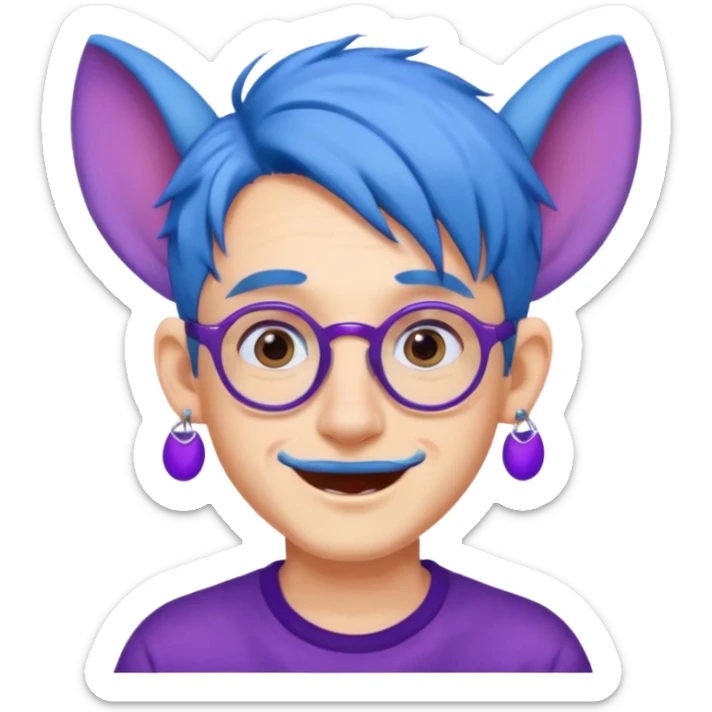 blue haired man mid length hair with big ears and purple earrings and spectaclesi happy sticker
