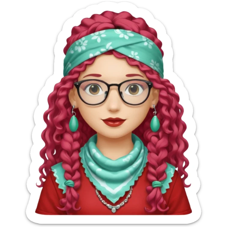 girl with long curly peppermint hair and single-color bandana and glassess and earring sticker