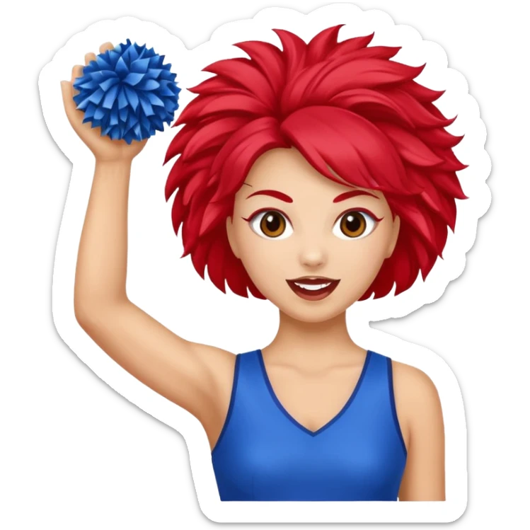 football cheerleader, holding a cheering pom, blue dress and red skin sticker
