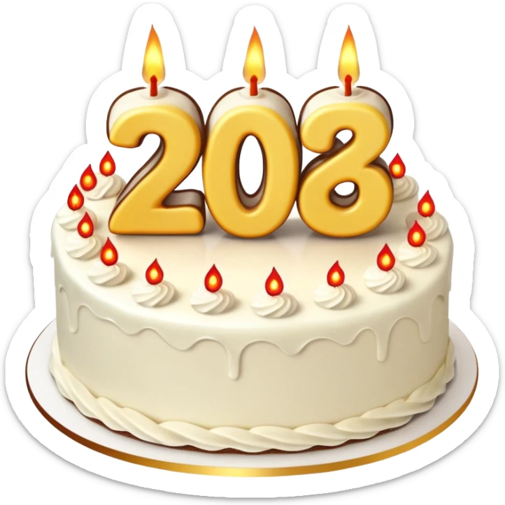 A festive New Year cake with lit candles shaped as the number 2026,
warm lighting, celebratory atmosphere,
soft background, high quality, clean composition sticker