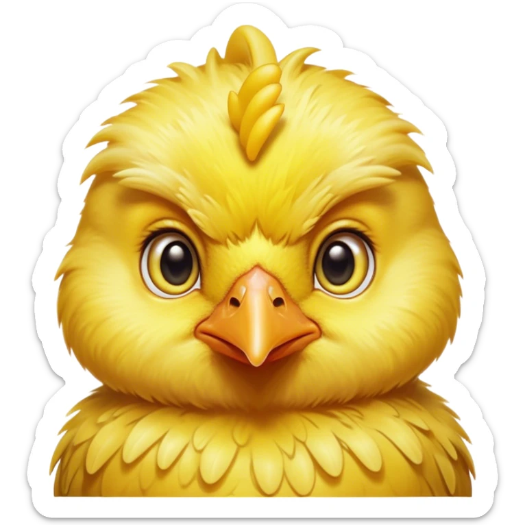 Cinematic Noble Yellow Baby Chicken Portrait Emoji, Poised and regal, with a tiny, fluffy build and a vibrant, well-groomed bright yellow downy coat, deep-set soulful beady eyes, Simplified yet sharp and sophisticated features, highly detailed, glowing with a soft, dignified glow, high shine, intelligent and charming, stylized with an air of youthful elegance, focused and attentive, soft glowing outline, capturing the essence of a watchful and confident little chick, so majestic it feels as though it could peep out of the screen with effortless authority! sticker