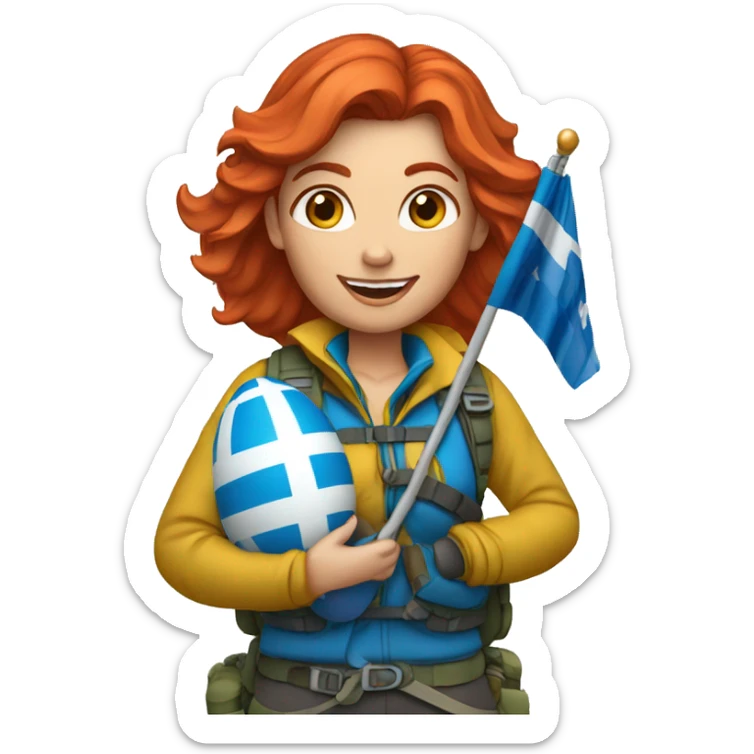 Female red hair mountaineer on mount everest holding greek flag and easter eggs basket sticker
