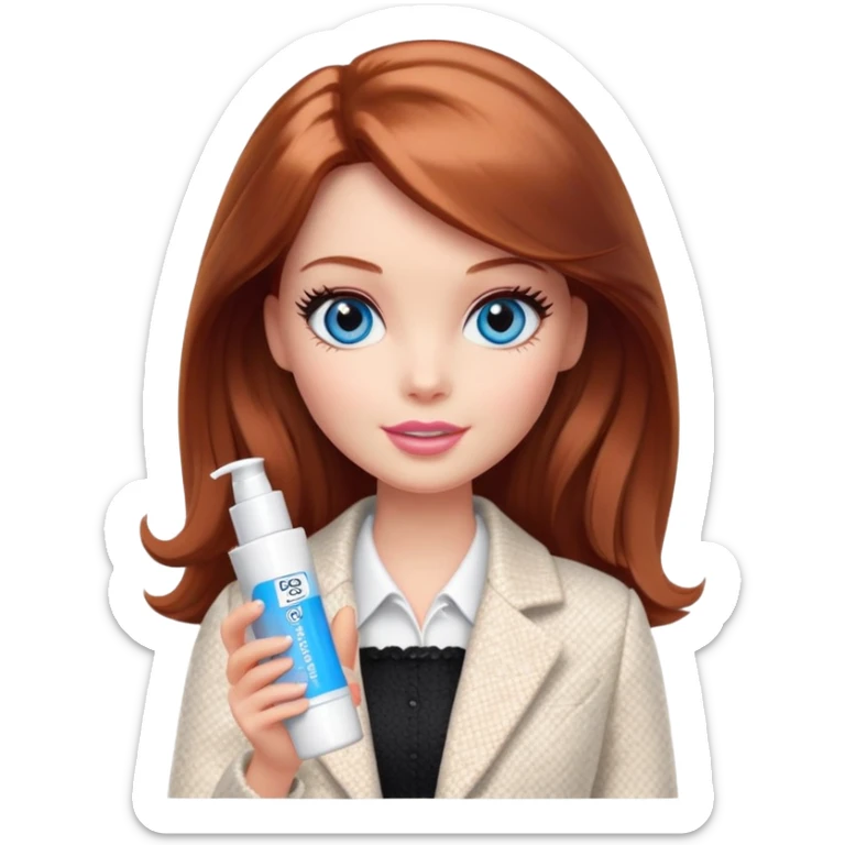 A Barbie girl with blue eyes, shoulder-length reddish-brown hair, made-up, in a white tweed jacket and black skirt, holding a tube of pale beige face cream sticker