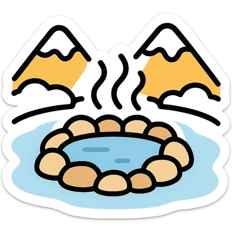 minimalist color icon of a peaceful hot spring in the mountains, snow all around, steam gently rising sticker