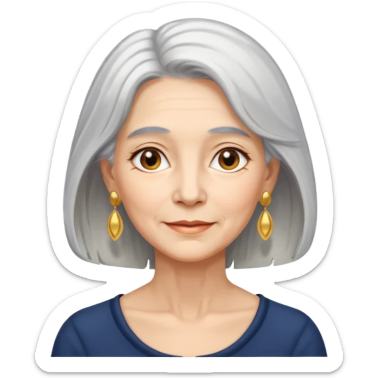 emoji of a lady in her 70s, shoulder-length silver hair, wearing earrings, gentle expression sticker