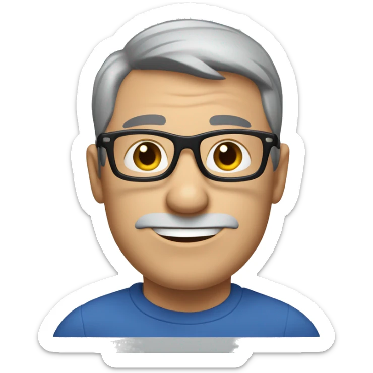 grey short hair middle age man, blue polo long sleeves, black glasses, giving thumbs u sticker