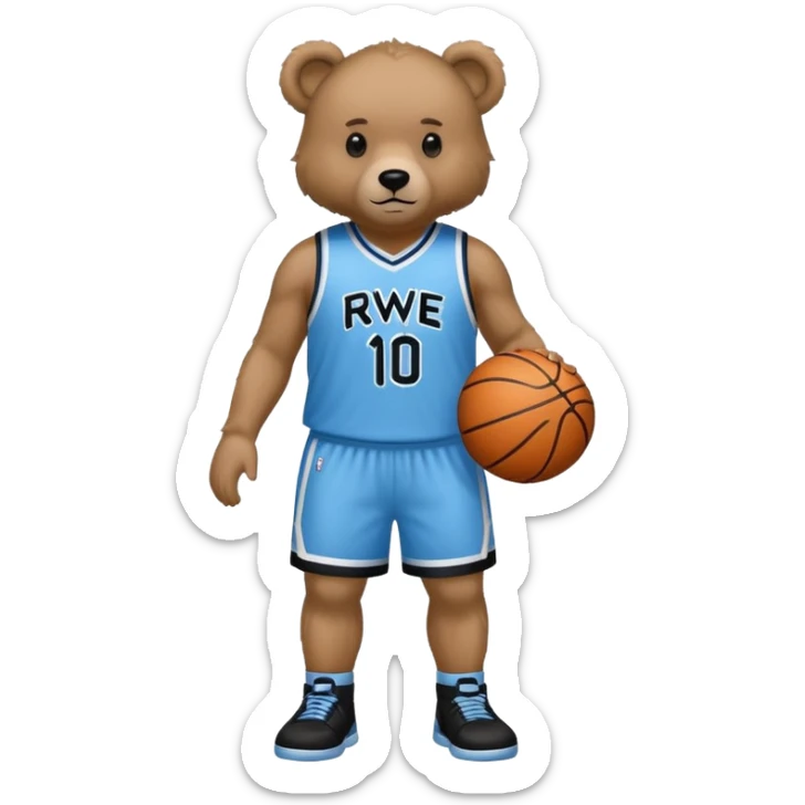 Bear with full body and wearing basketball black and light blue jersey that says RWE  sticker