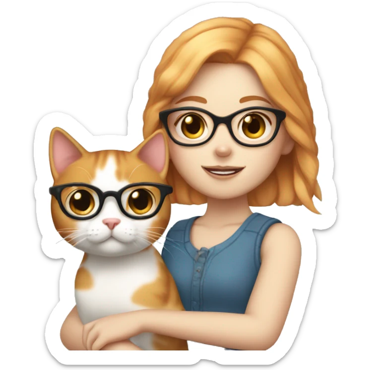 White skin, short strawberry-blonde haired girl with glasses holding calico cat sticker