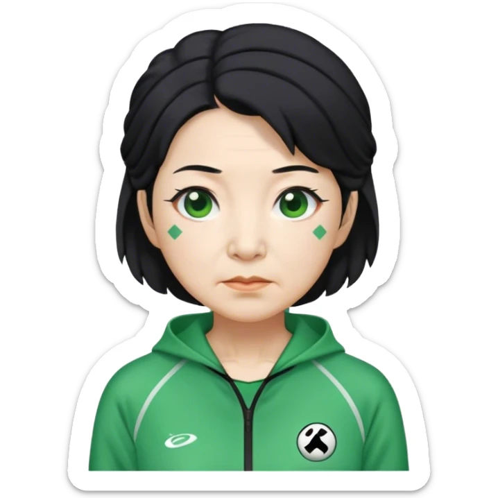 Cha In : a Korean old woman with black hair tie, Green player tracksuit sticker
