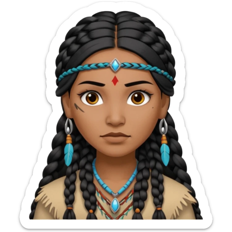 Attractive Native American woman with a wide face, baddie look, dark skin, Long braided black hair sticker