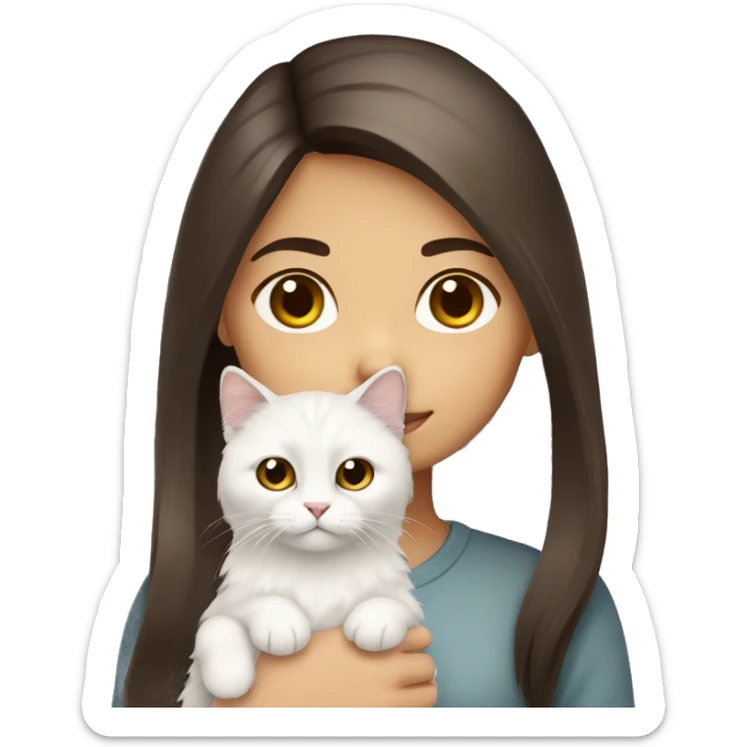 Dark brown straight hair girl with holding fluffy Siberian white cat  sticker