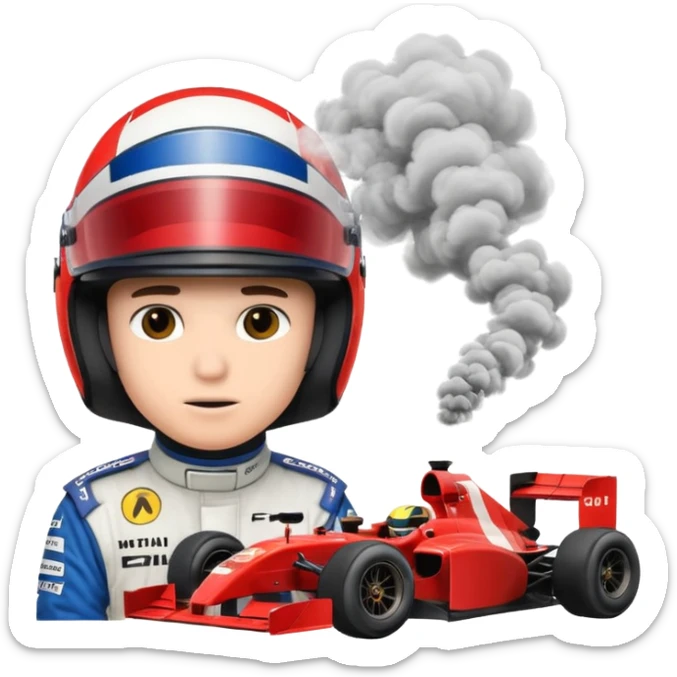 drifting car with tires smoke and a driver with a f1 helmet into the car sticker