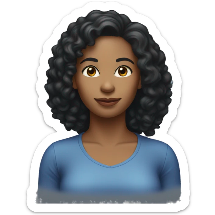 A head and shoulders shot of a 35 year old African American woman, with curly black hair,   with brown eyes wearing a t-shirt. sticker