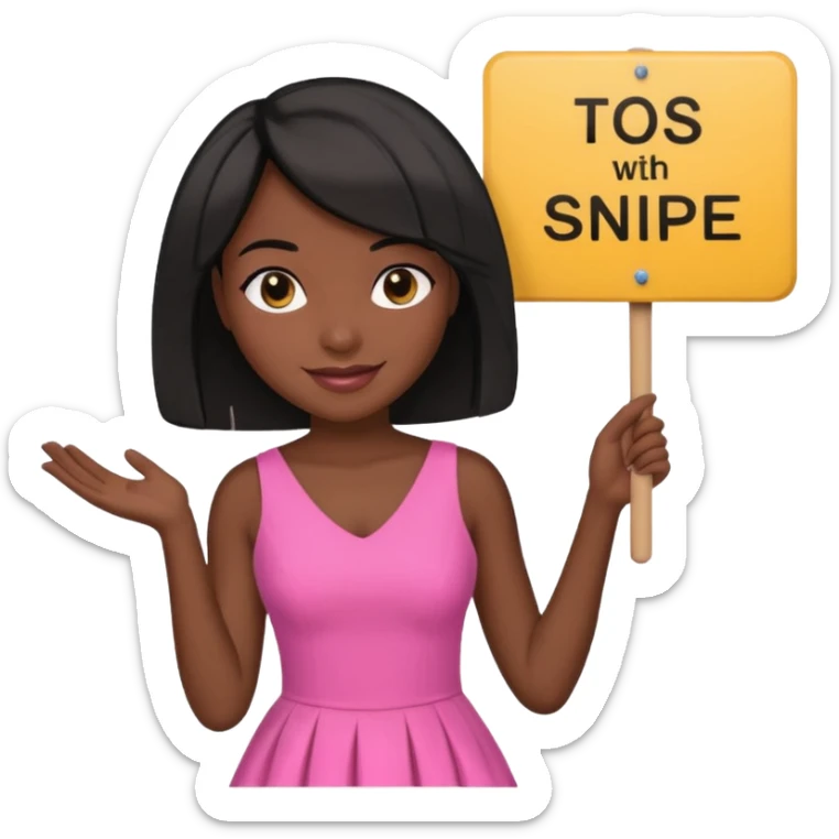 Dark skin woman with black bob in hair holding sign that says snipe  wearing pink dress  sticker