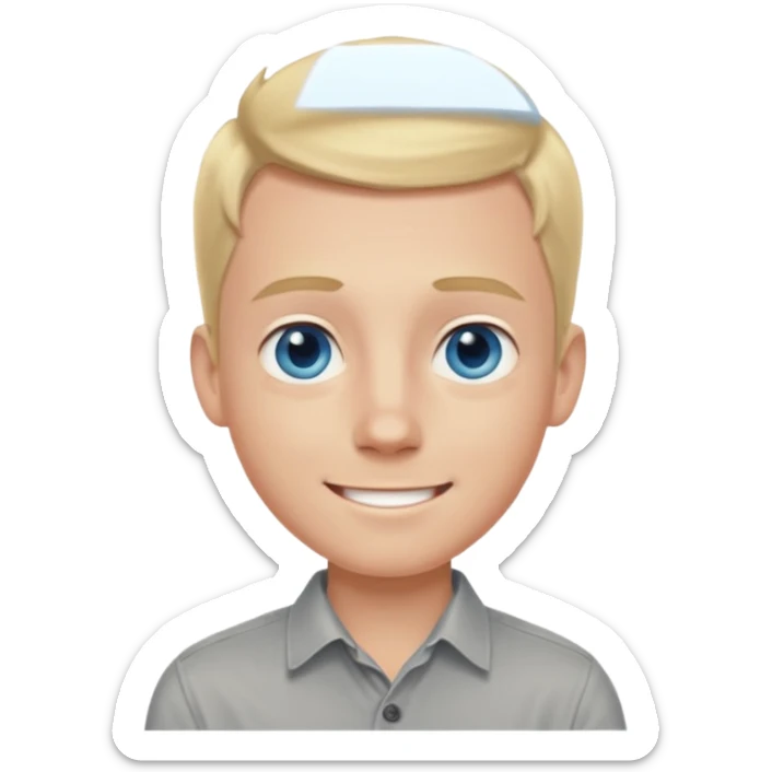 smiling blonde boy, blue eyes, large forehead, pale with a hint of tanning redness, wearing a grey button shirt sticker