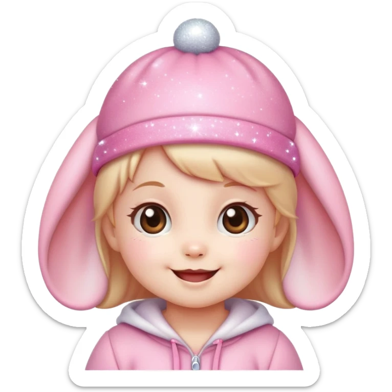 Kawaii baby girl emoji, smiling with sparkles, pink bunny hat sticker