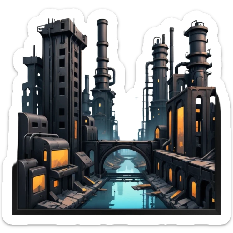 an apocalyptic backdrop of a city in ruins in the style of cyber punk and steam punk ascetics sticker