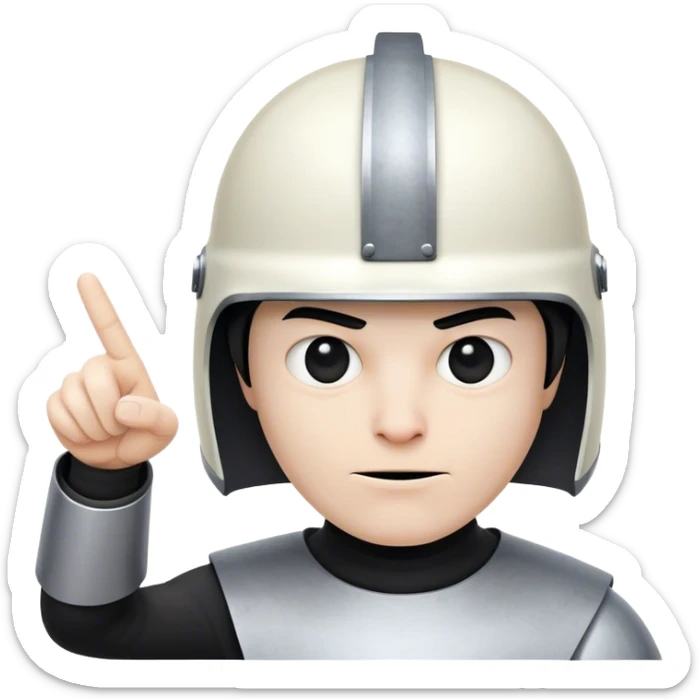 Evil ugly pale man with straight short black uni-length hair in the shape of a helmet pointing. sticker