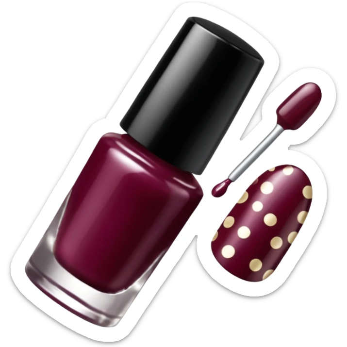 burgundy nail polish bottle, nail polish has light gold iridescence, cap is black with white polka dots, cinematic emoji sticker