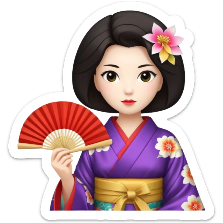 a traditional geisha japanese woman wearing a kinono holding a folding fan elegantly sticker