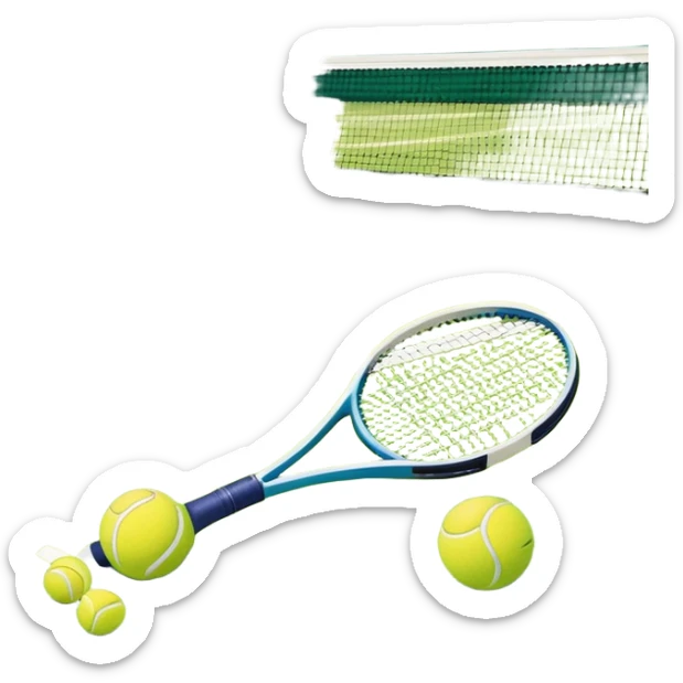 grass court, with the lines of the court clearl with visible in the background. A tennis racket and ball/ The scene captures the essence of the sport, highlighting the equipment and the vibrant, open atmosphere of a tennis match sticker