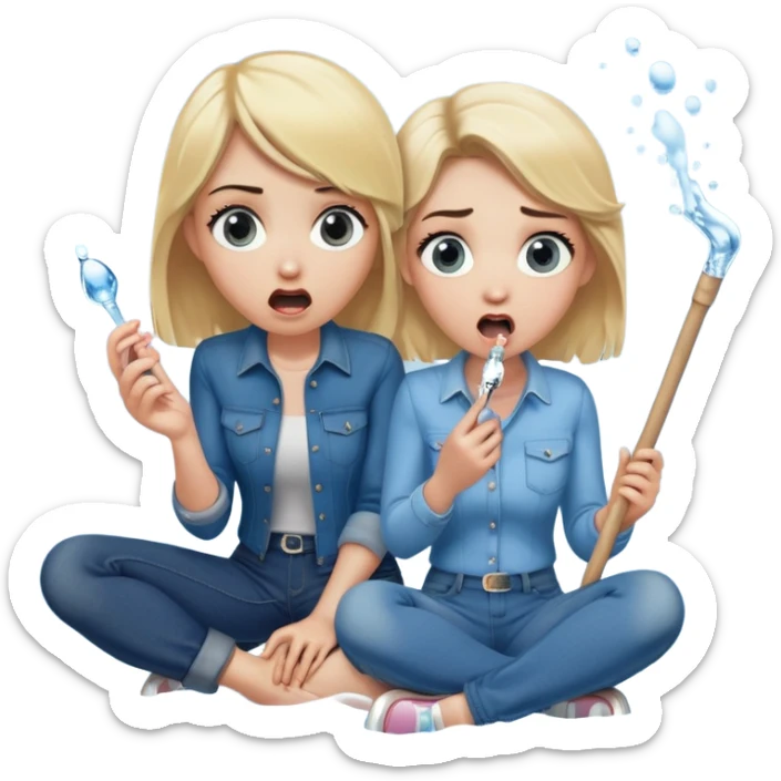 blond woman sitting on her knees with wide eyes, another man in jeans stands on her left, she's holding a wide skin-colored stick with a D-shaped knob, the stick and the nob have skin texture, water squirting from the knob into her mouth, shocked face sticker