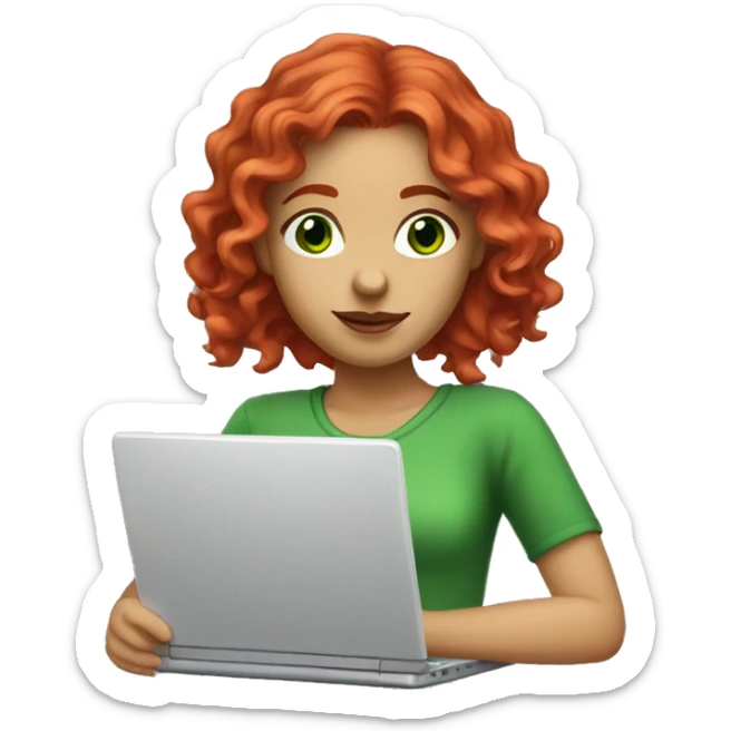 white red wavy hair long girl with green eyes with laptop sticker