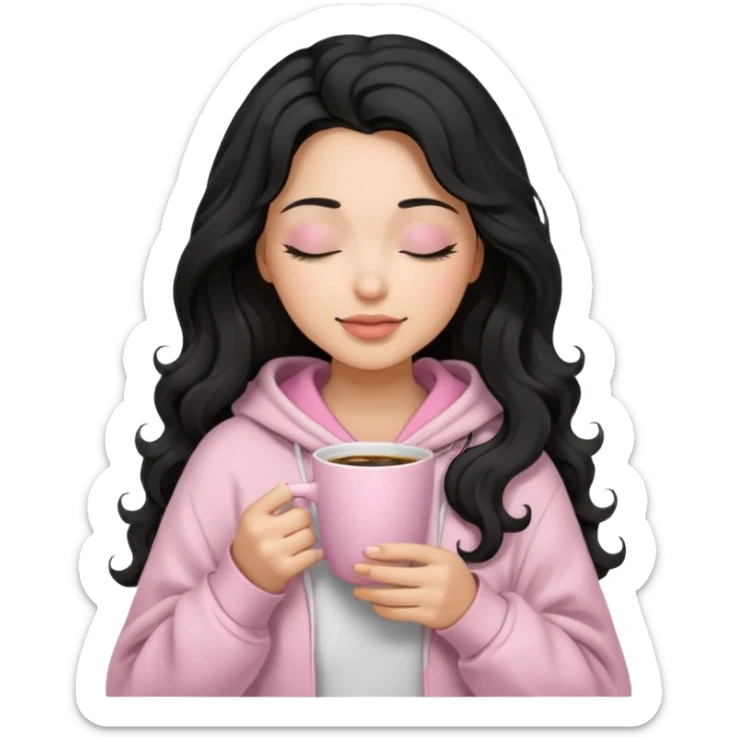hispanic woman, black long wavy hair , closed eyes, feminine face, holding soft pink coffee cup wearing white Hoodie with pink blanket over shoulders sticker