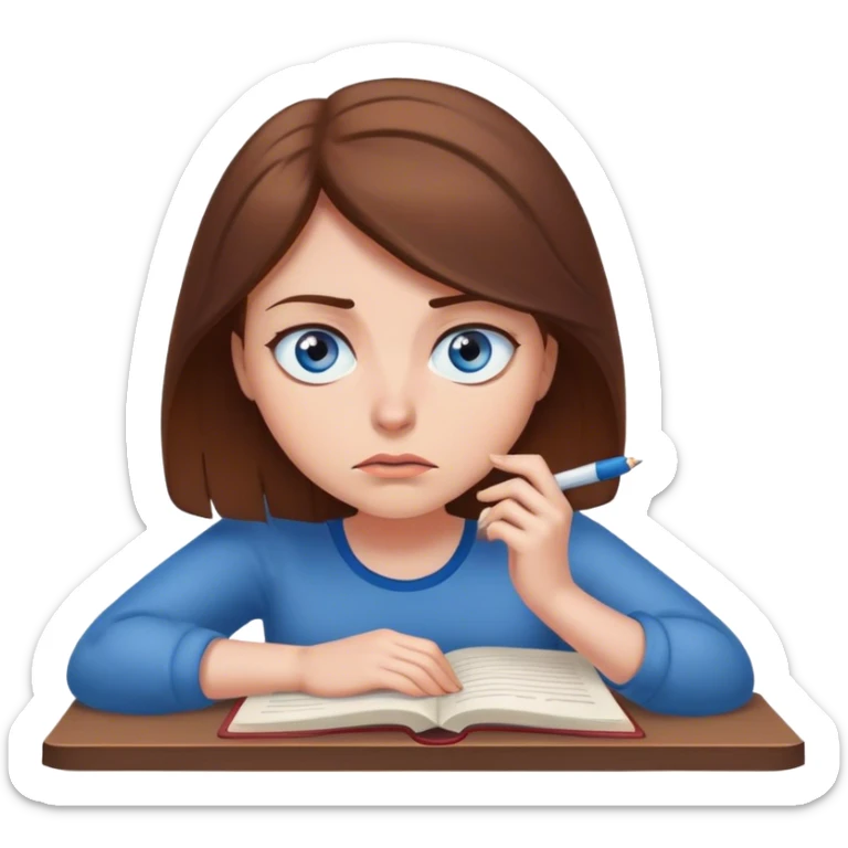 female writer, romantic, with brown hair, fair skin and blue eyes writing a book with a worried face sticker