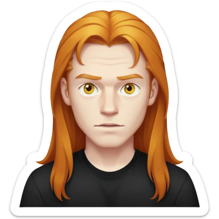 Man in his 20s, pale skin, yellow eyes, long ginget hair, clenched shirt over black t-shirt sticker