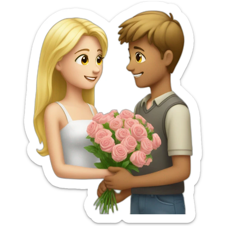 A boy who offers a bouquet of flowers to a pretty blonde sticker