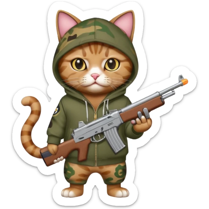 A gangster cat wearing a bape hoodie with a BB gun sticker