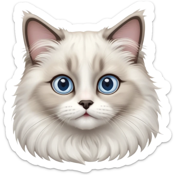 cinematic-adorable-big-eyed-fluffy-ragdoll-cat-portrait-emoji,-head-tilted-playfully-with-a-sweet-expression,-fluffy-white and grey-fur,-simplified-yet-irresistibly-cute-features-with-large,-expression, blue eyed ragdoll cat sticker